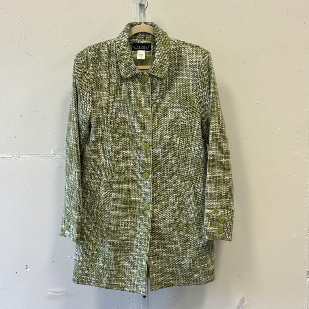 Dialogue Linen Blend Tweed Button Front Coat Spring Jacket Women's Size 10 Green